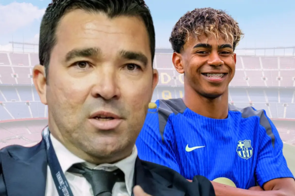 Dos personas en un estadio de fútbol una de ellas con traje y la otra con uniforme azul del FC Barcelona sonriendo