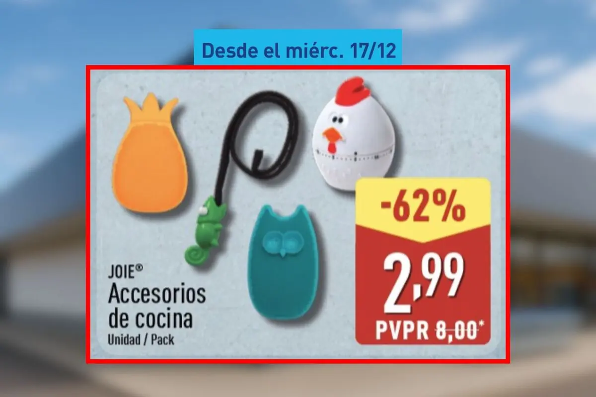 Promoción de accesorios de cocina JOIE con formas divertidas a 2,99 euros con un descuento del 62 % disponible desde el miércoles, 17 de diciembre, en Aldi.
