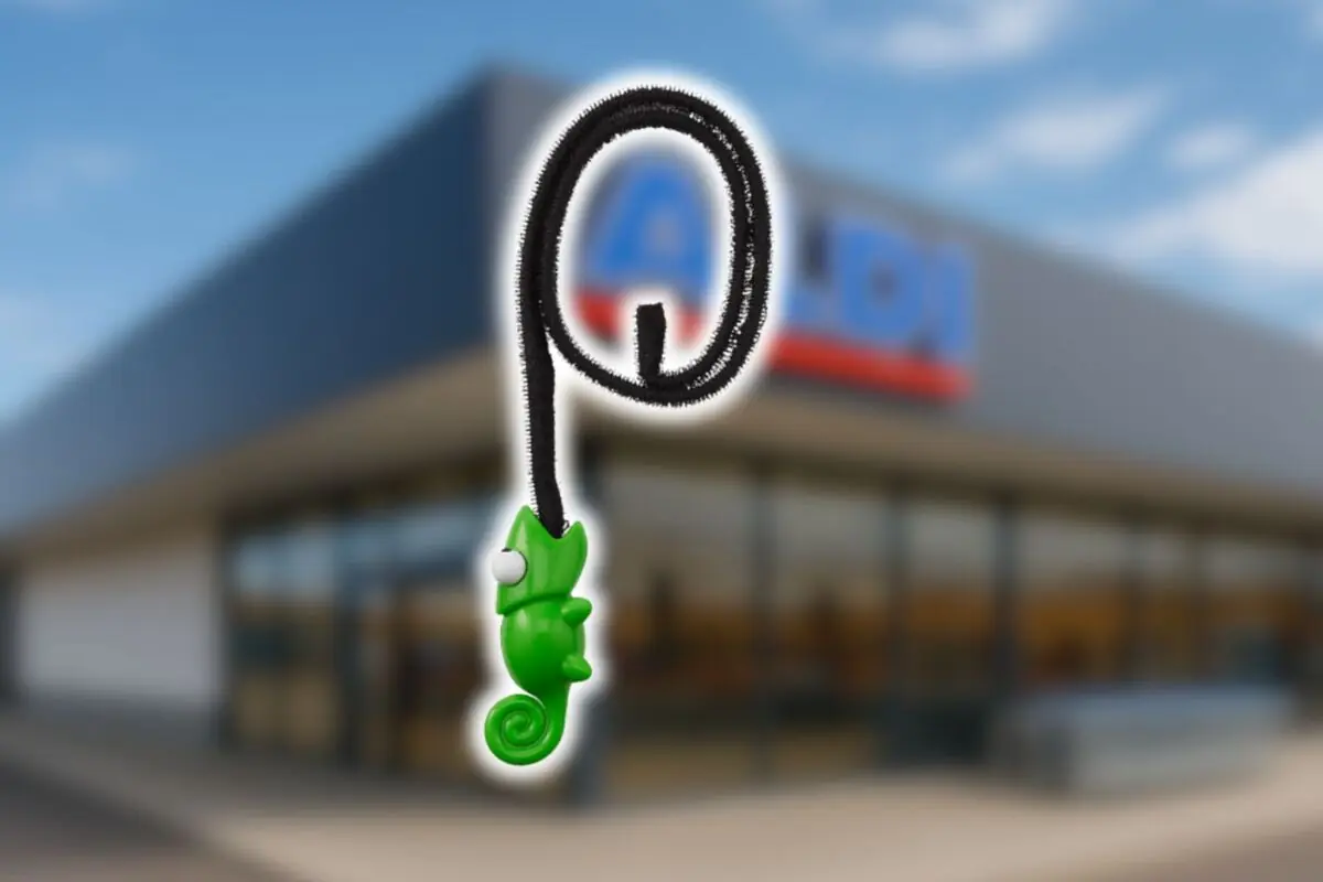 Un desatascador verde con forma de camaleón y una cuerda negra está en primer plano frente a la entrada de una tienda Aldi.