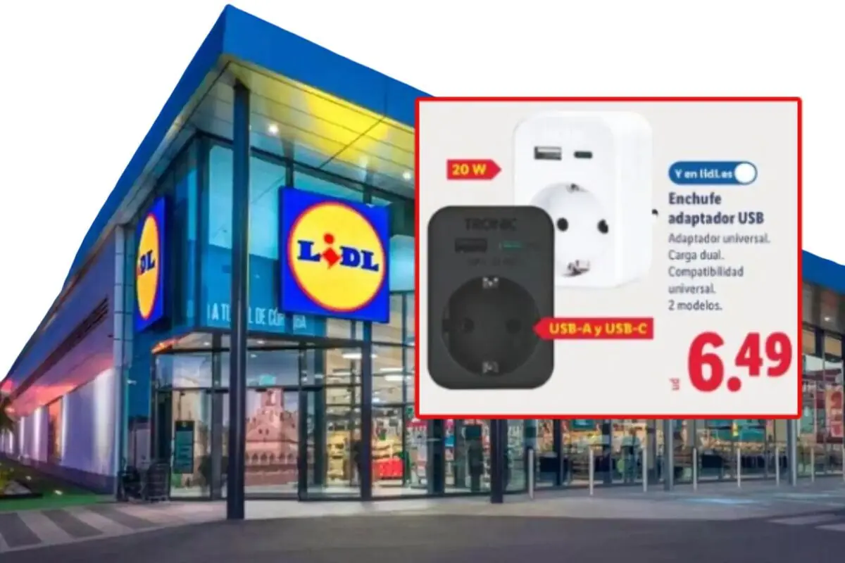 Facade of a Lidl supermarket with an advertising box showing a USB adapter plug in two models for 6.49 euros