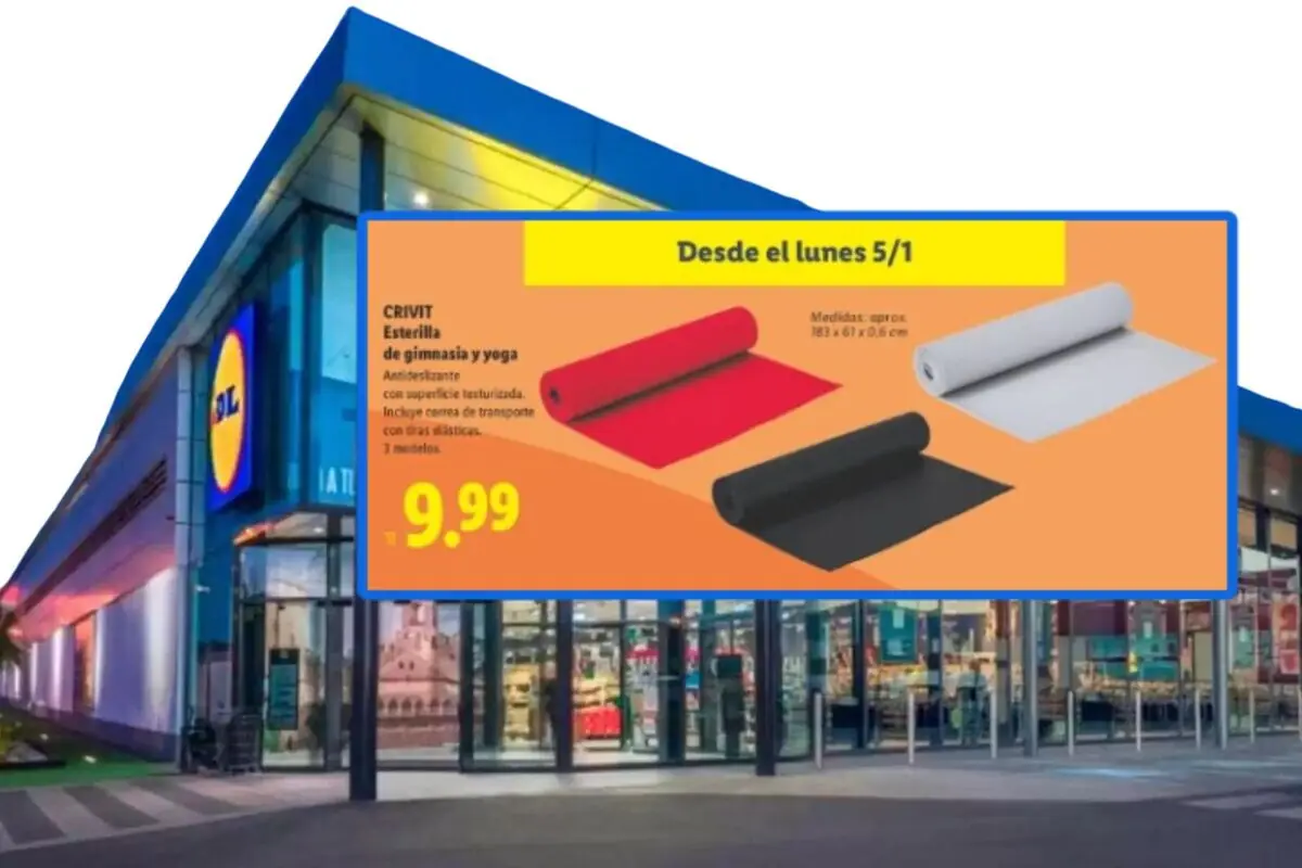 Crivit gym and yoga mats on sale in a Lidl flyer with three models in red, black, and gray for 9.99 euros, available starting Monday, January 5, in front of the entrance of one of the chain’s stores