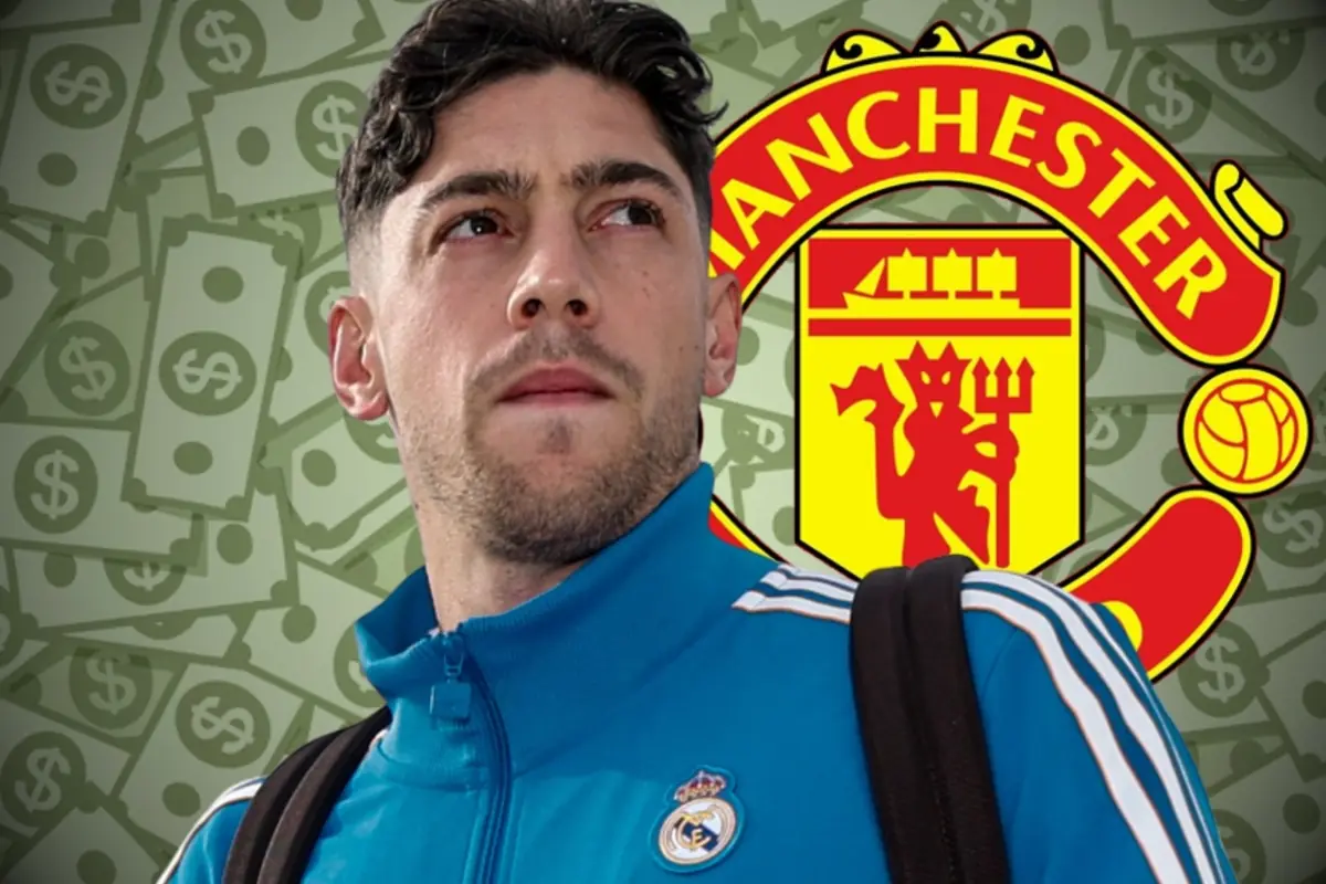 Un futbolista amb jaqueta del Reial Madrid apareix davant de l’escut del Manchester United i un fons de bitllets amb símbols de dòlar.