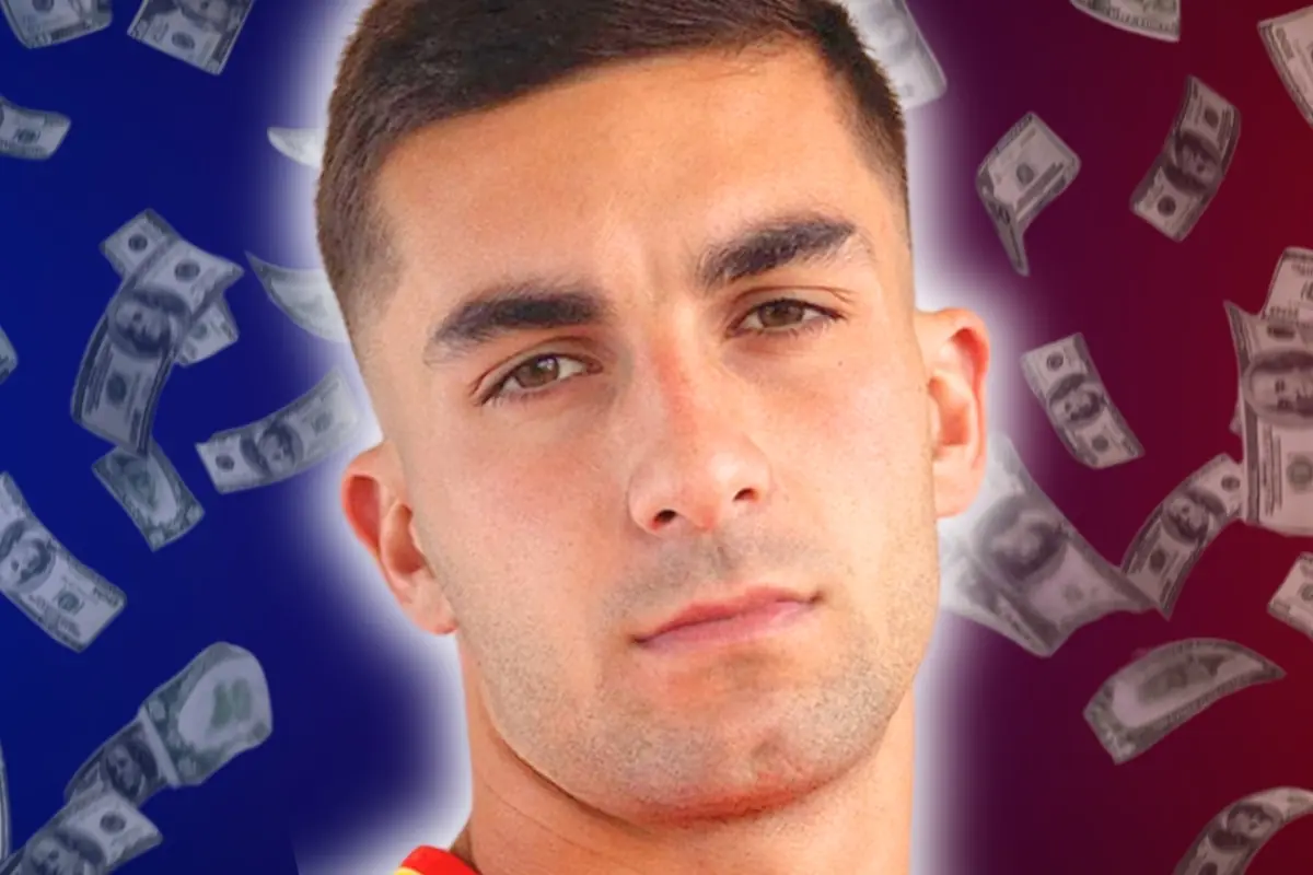 Short-haired man with a serious expression in the center of the image, blue and red background with bills floating around.