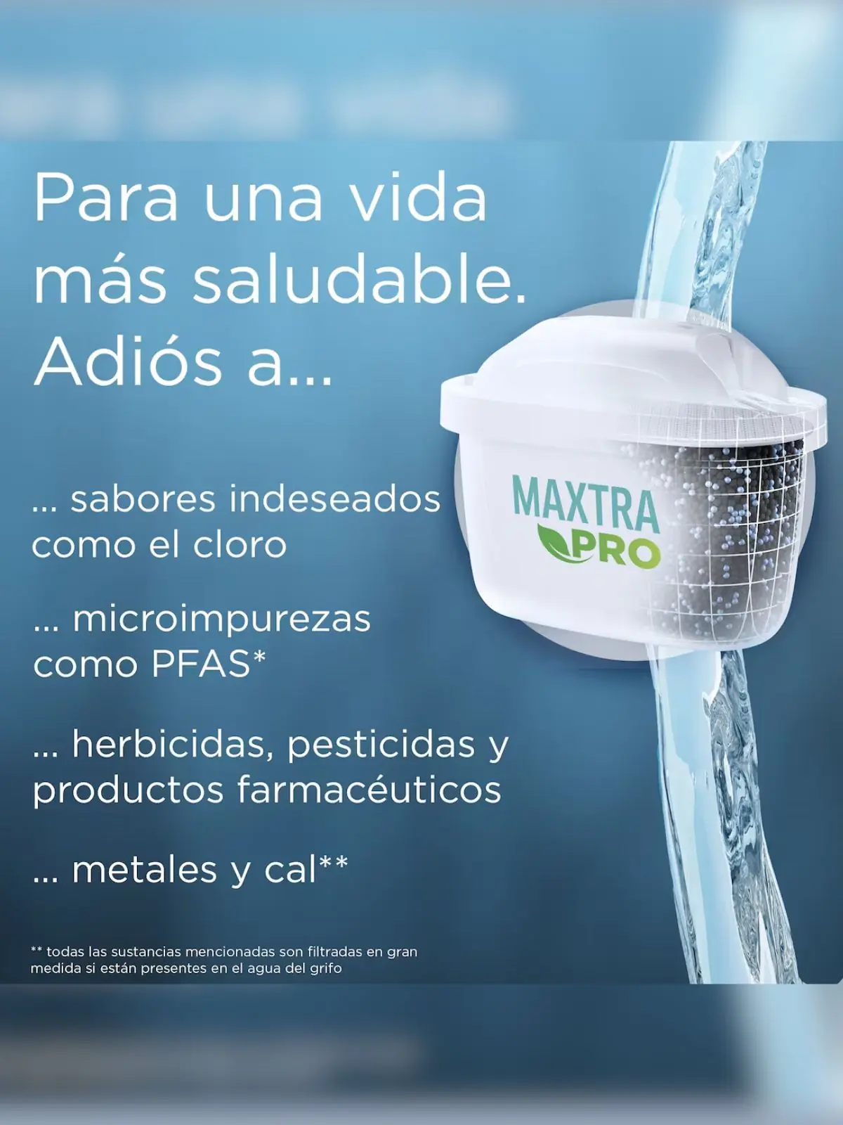 Publicidad de un filtro de agua Brita de Aldi que muestra agua vertiéndose a través del cartucho y resalta beneficios como eliminar sabores indeseados como el cloro microimpurezas PFAS herbicidas pesticidas productos farmacéuticos metales y cal para una vida más saludable. Publicidad de un filtro de agua Brita de Aldi que muestra agua vertiéndose a través del cartucho y resalta beneficios como eliminar sabores indeseados como el cloro microimpurezas PFAS herbicidas pesticidas productos farmacéuticos metales y cal para una vida más saludable.