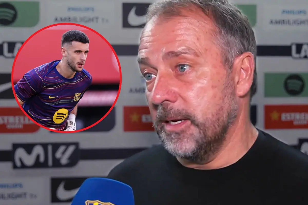 Un entrenador de futbol dona una entrevista mentre en un cercle apareix la imatge d’un porter amb l’uniforme del Barcelona.