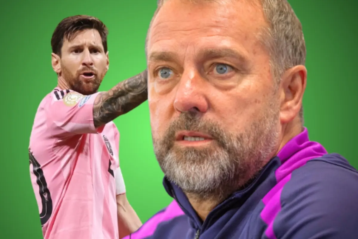 Futbolista amb samarreta rosa en acció al costat d’un entrenador de barba canosa sobre fons verd