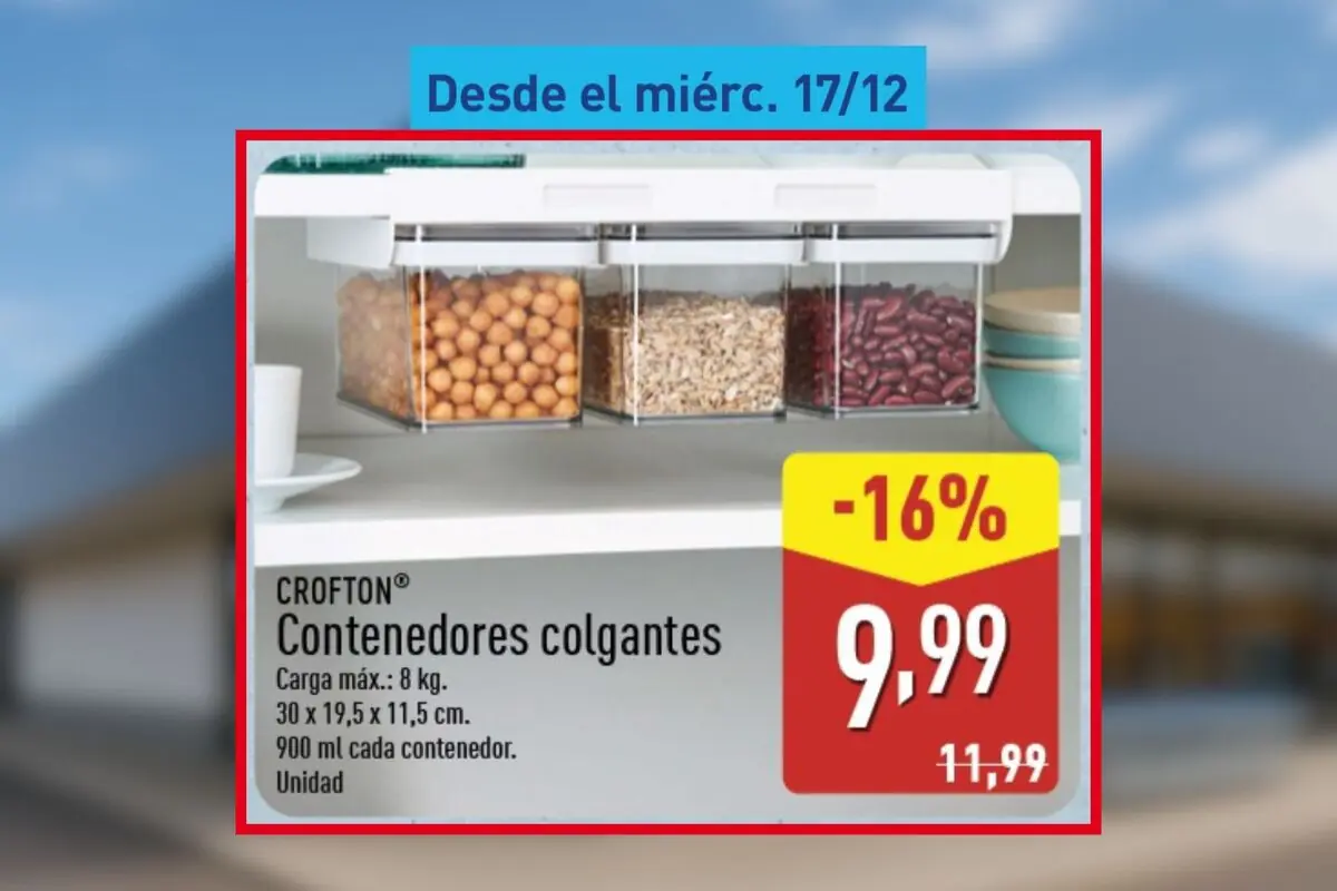 Oferta de contenedores colgantes Crofton con descuento del 16% a 9,99 euros disponibles desde el miércoles, 17 de diciembre, en Aldi. Oferta de contenedores colgantes Crofton con descuento del 16% a 9,99 euros disponibles desde el miércoles, 17 de diciembre, en Aldi.