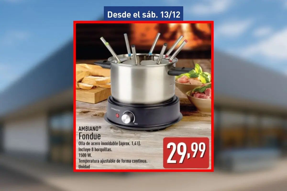 Folleto de Aldi en el que aparece una olla eléctrica para fondue de acero inoxidable con ocho tenedores y control de temperatura, disponible desde el sábado, 13 de diciembre, a un precio de 29,99 euros.