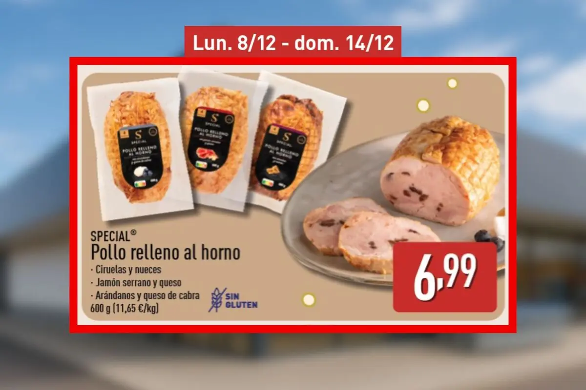Promoción de pollo relleno al horno sin gluten en tres variedades diferentes a 6,99 euros por 600 gramos disponible del 8 al 14 de diciembre en Aldi. Promoción de pollo relleno al horno sin gluten en tres variedades diferentes a 6,99 euros por 600 gramos disponible del 8 al 14 de diciembre en Aldi.