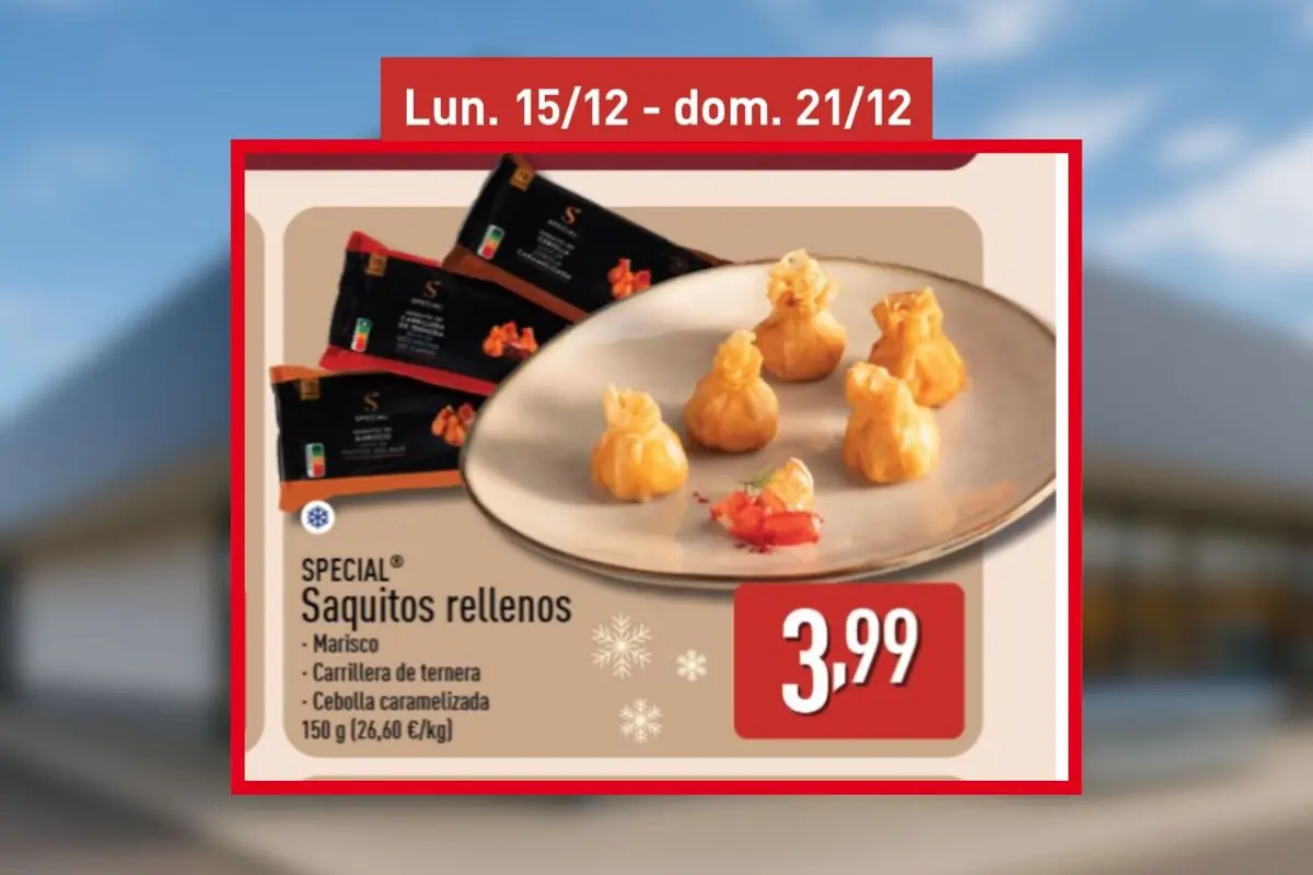 Promoción de saquitos rellenos de marisco, carrillera de ternera y cebolla caramelizada por 3,99 euros disponible del 15 al 21 de diciembre en Aldi.
