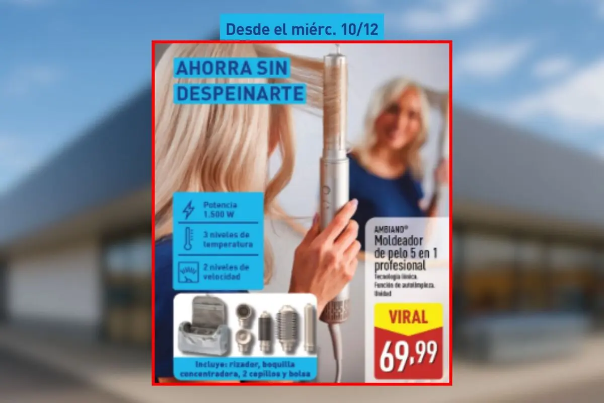 Imagen de un folleto de Aldi en el que aprece una herramienta de calor para moldear el pelo por solo 69,99 euros a partir del miércoles, 10 de diciembre de 2025.