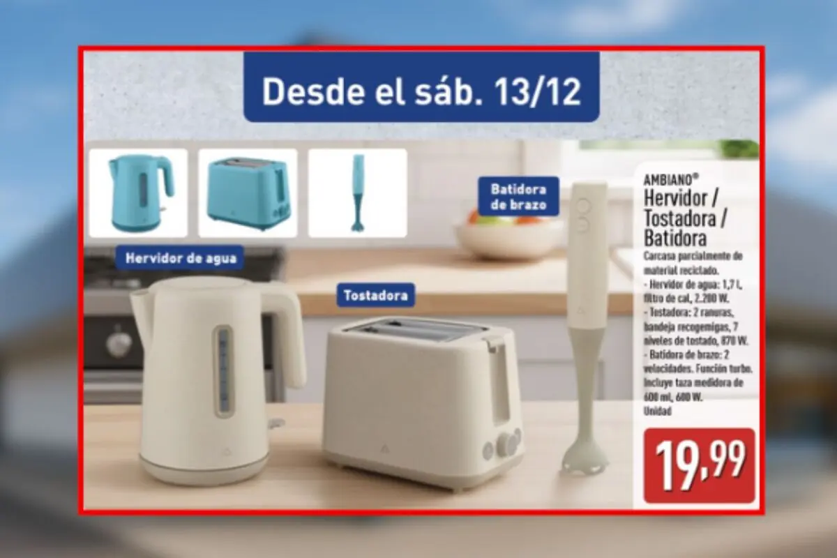 Promoción de electrodomésticos de cocina que incluye hervidor de agua, tostadora y batidora de brazo disponibles a partir del sábado 13 de diciembre, en Aldi, por 19,99 euros.