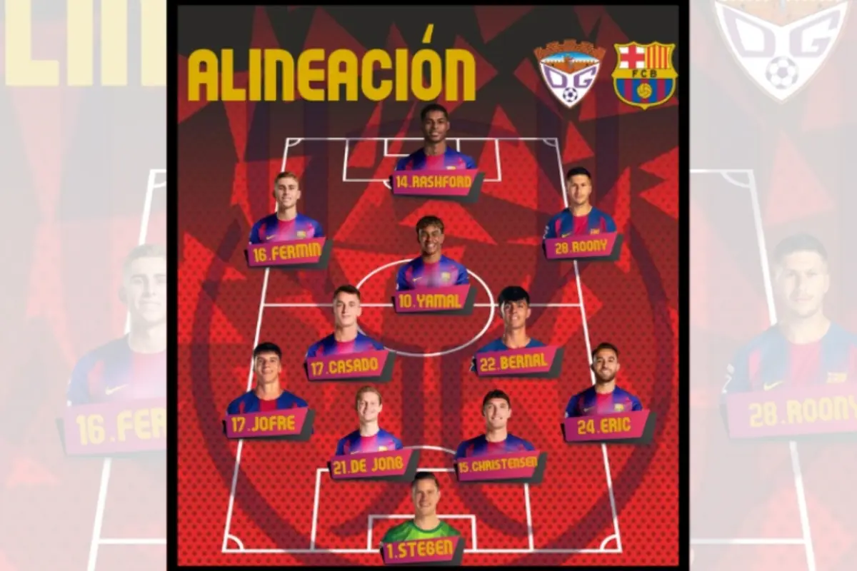 Gràfic d’alineació de futbol del Barcelona amb fons vermell i noms dels jugadors sobre el camp, incloent-hi Ter Stegen a la porteria, De Jong, Christensen, Eric, Jofre, Casado, Bernal, Fermín, Yamal, Rashford i Roony, amb els escuts de tots dos equips a la part superior
