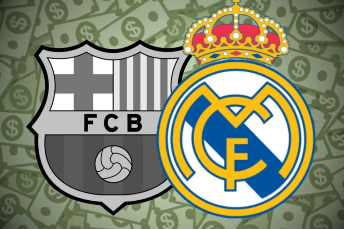 Escuts del Barcelona i del Reial Madrid sobre un fons de bitllets amb símbols de dòlar