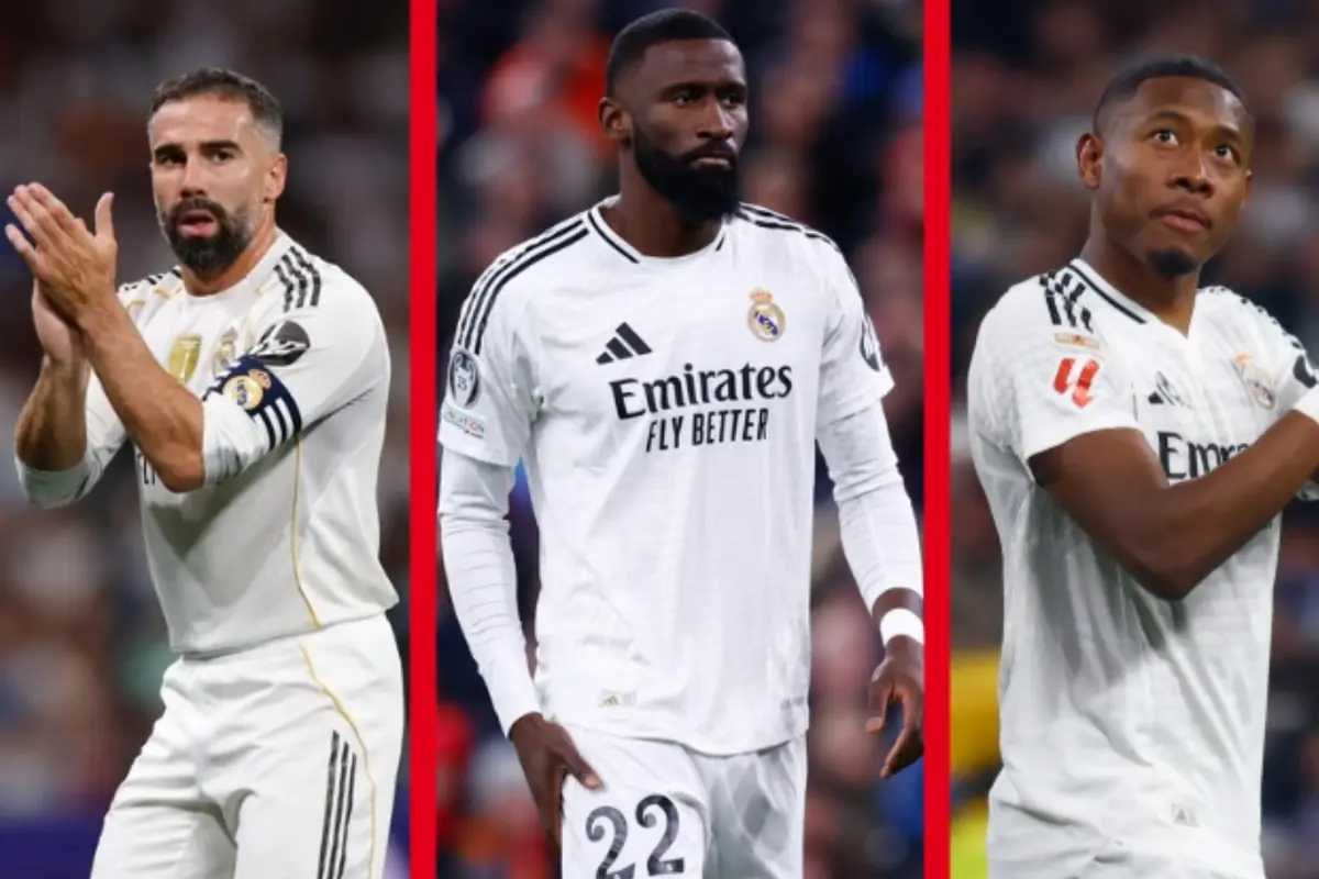 Tres futbolistes del Reial Madrid amb uniforme blanc en un muntatge vertical separats per franges vermelles