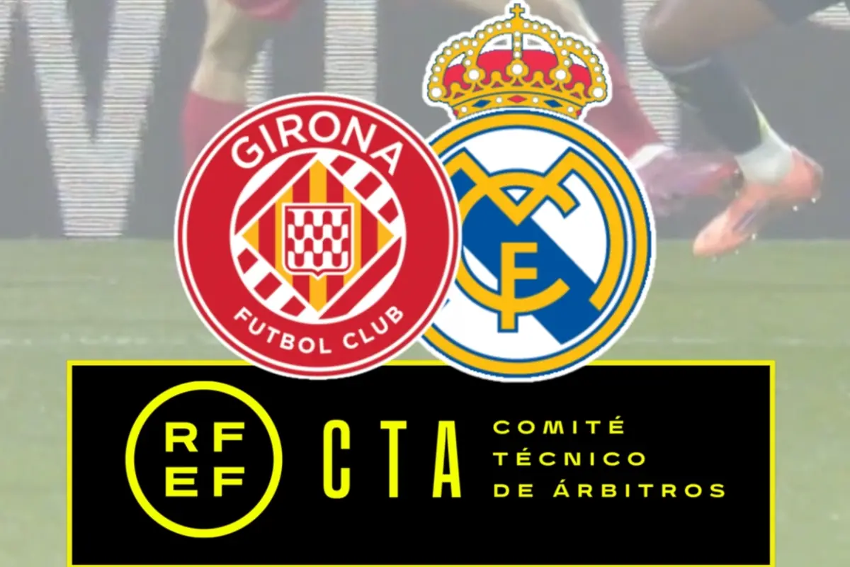 Logos de Girona FC y Real Madrid junto al logotipo del Comité Técnico de Árbitros de la Real Federación Española de Fútbol sobre un fondo de campo de fútbol desenfocado