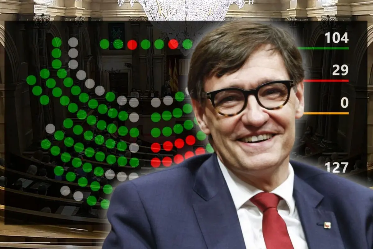 Hombre con gafas y traje sonriente frente a un gráfico de votación parlamentaria con puntos verdes, rojos y blancos y números a la derecha Hombre con gafas y traje sonriente frente a un gráfico de votación parlamentaria con puntos verdes, rojos y blancos y números a la derecha