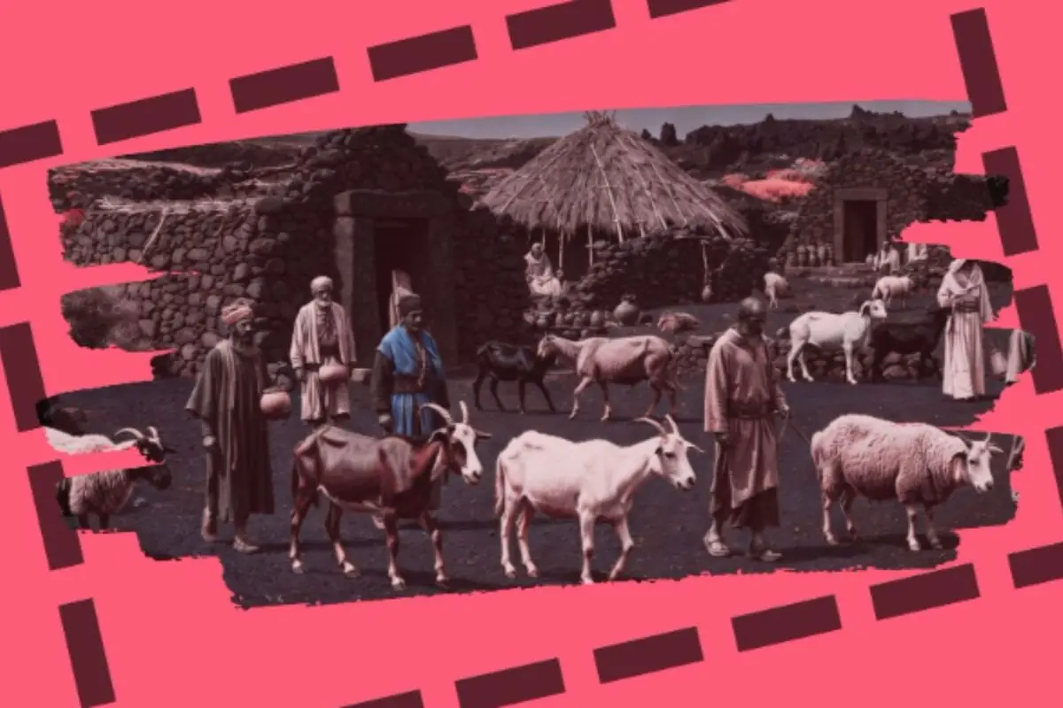 Persones vestides amb robes tradicionals cuiden cabres i ovelles davant de barraques de pedra i sostres de palla, amb un marc decoratiu rosa al voltant de la imatge.