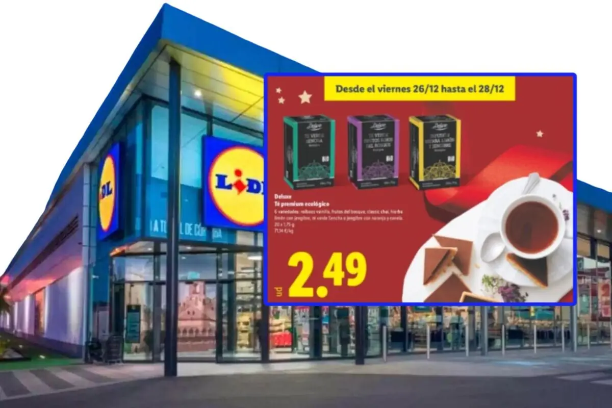 Lidl supermarket facade with a promotional sign for Deluxe organic tea on sale for 2.49 euros next to a cup of tea and cookies
