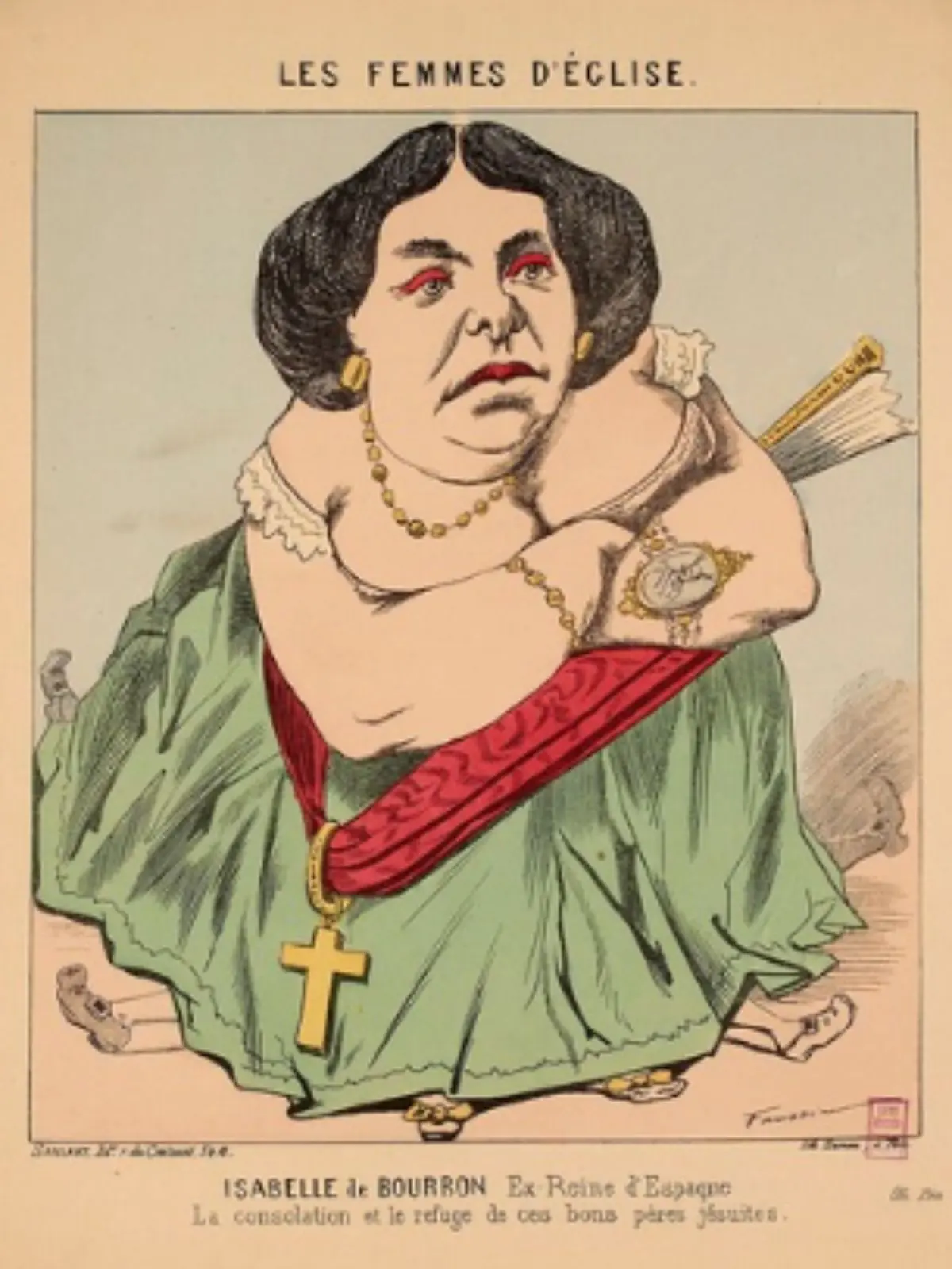 Caricatura antiga en francès d’Isabel II amb vestit verd, gran creu daurada al coll i expressió seriosa, representada com a figura satírica religiosa.