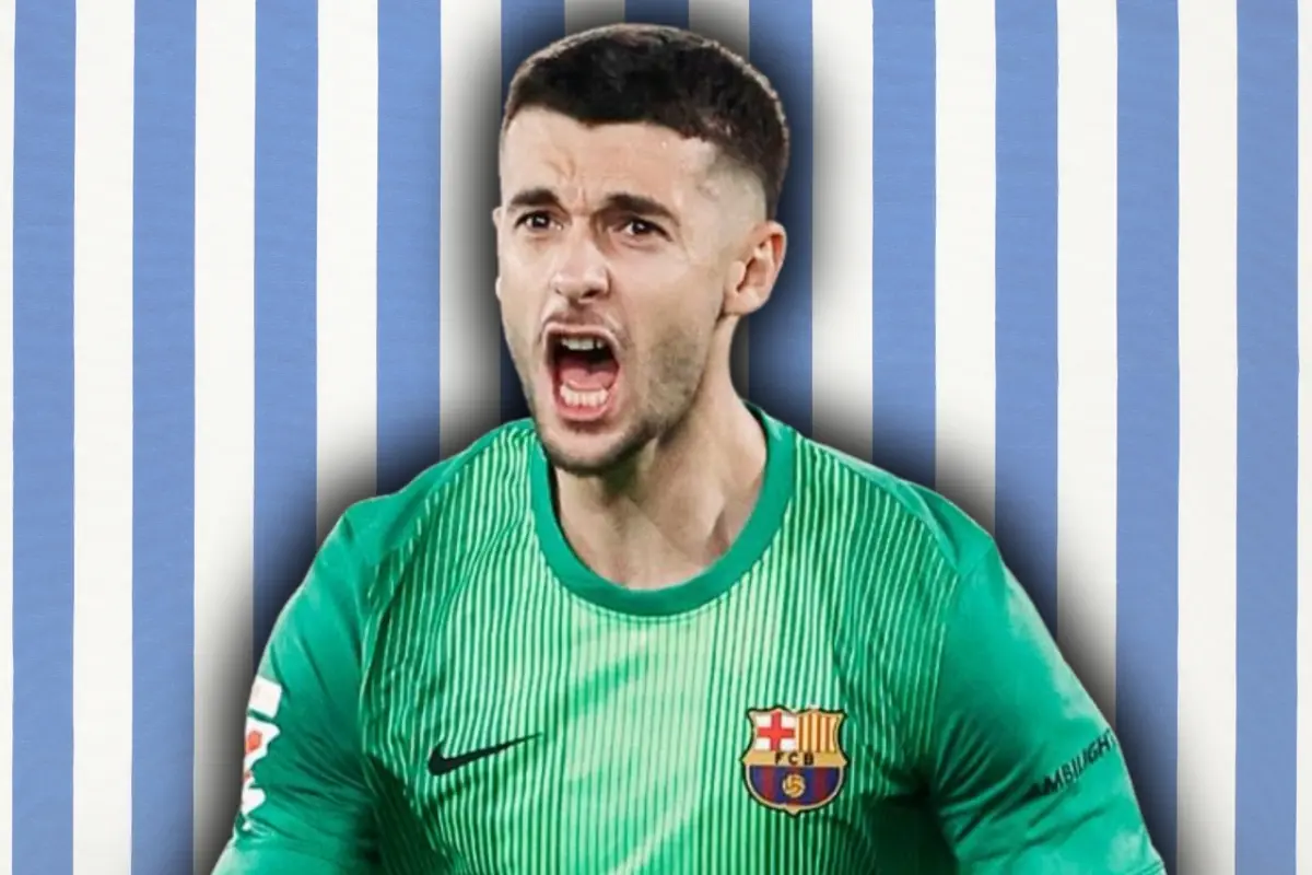 Porter del Barcelona amb samarreta verda cridant davant d’un fons de franges verticals blaves i blanques