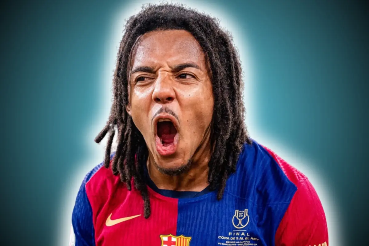 Soccer player wearing a Barcelona jersey celebrating with an expression of euphoria and a blurred blue background