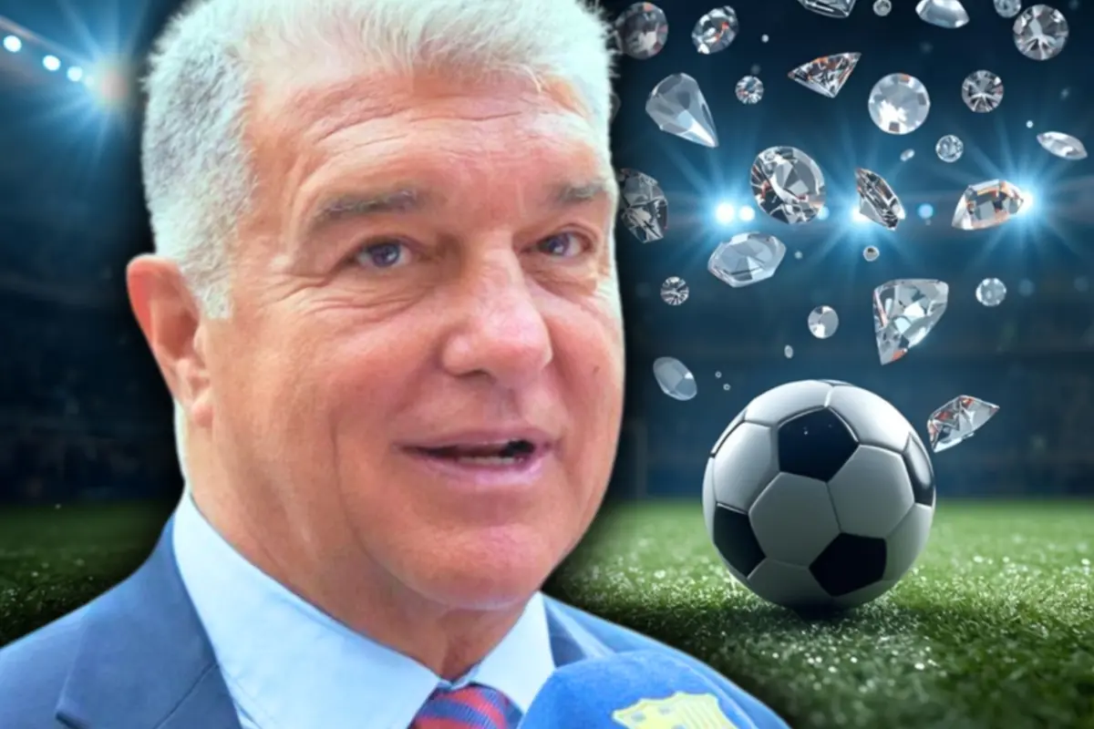 Hombre de cabello canoso con traje y corbata en un estadio de fútbol con un balón y diamantes flotando a su alrededor