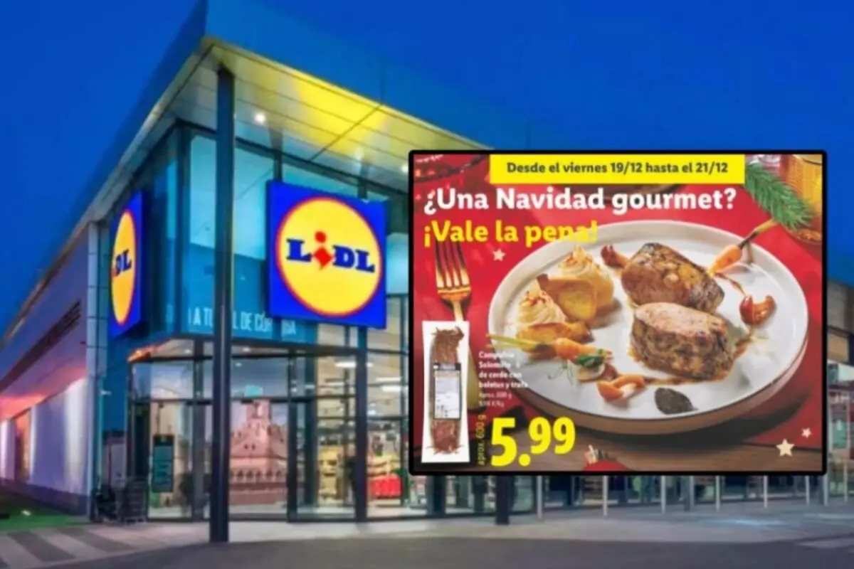Facade of a Lidl supermarket with a promotional sign for Christmas gourmet products and a featured offer of 5.99 euros