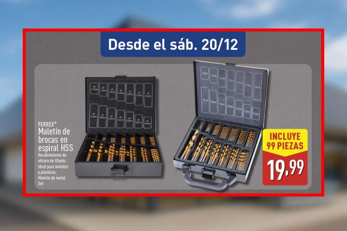 Maletín de brocas en espiral HSS con recubrimiento de nitruro de titanio ideal para metales y plásticos incluye 99 piezas y tiene un precio de 19,99 disponible desde el sábado, 20 de diciembre, en Aldi.