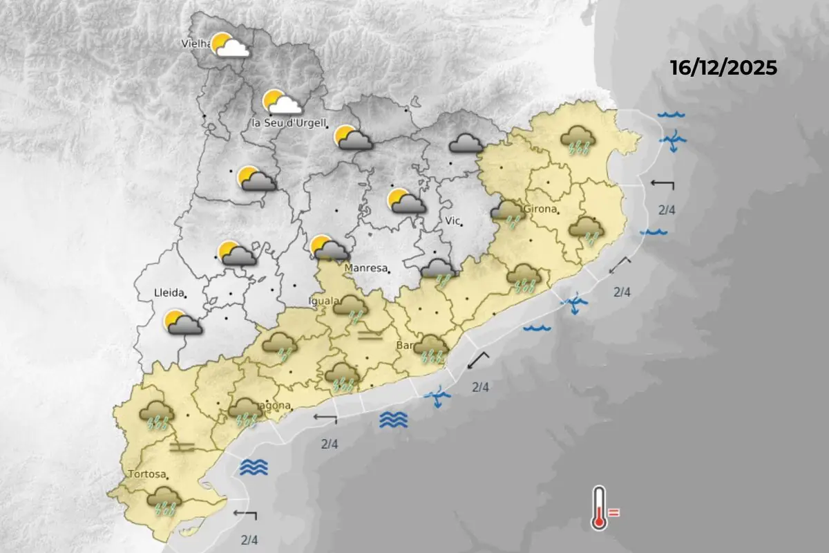 Mapa meteorològic de Catalunya per al 16 de desembre de 2025 amb previsió de pluges a la zona est i sud, núvols i clarianes a l’interior i nord-oest, símbols de vent i onatge a la costa, i una icona de temperatura estable.
