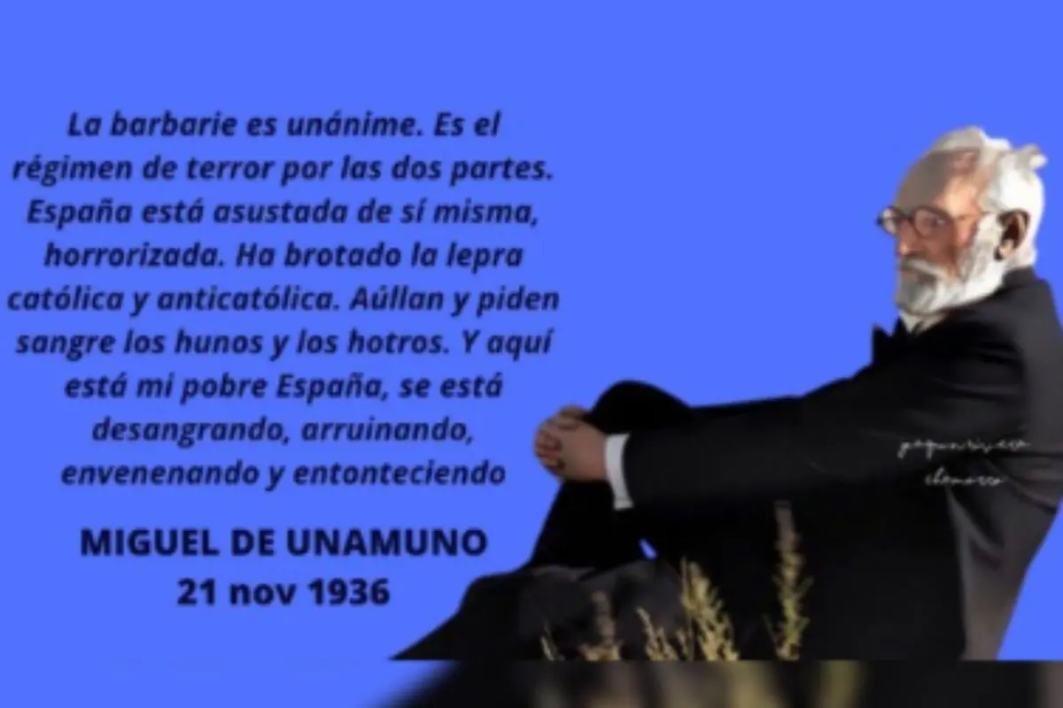 Imatge amb fons blau que mostra un home gran amb barba blanca i ulleres assegut de perfil a la dreta mentre a l’esquerra apareix un llarg text en castellà sobre la barbàrie a Espanya atribuït a Miguel de Unamuno amb la data 21 nov 1936.