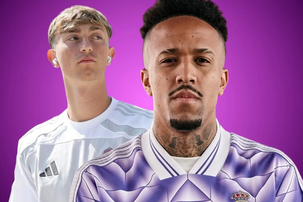 Two players wearing Real Madrid jerseys pose in front of a purple background