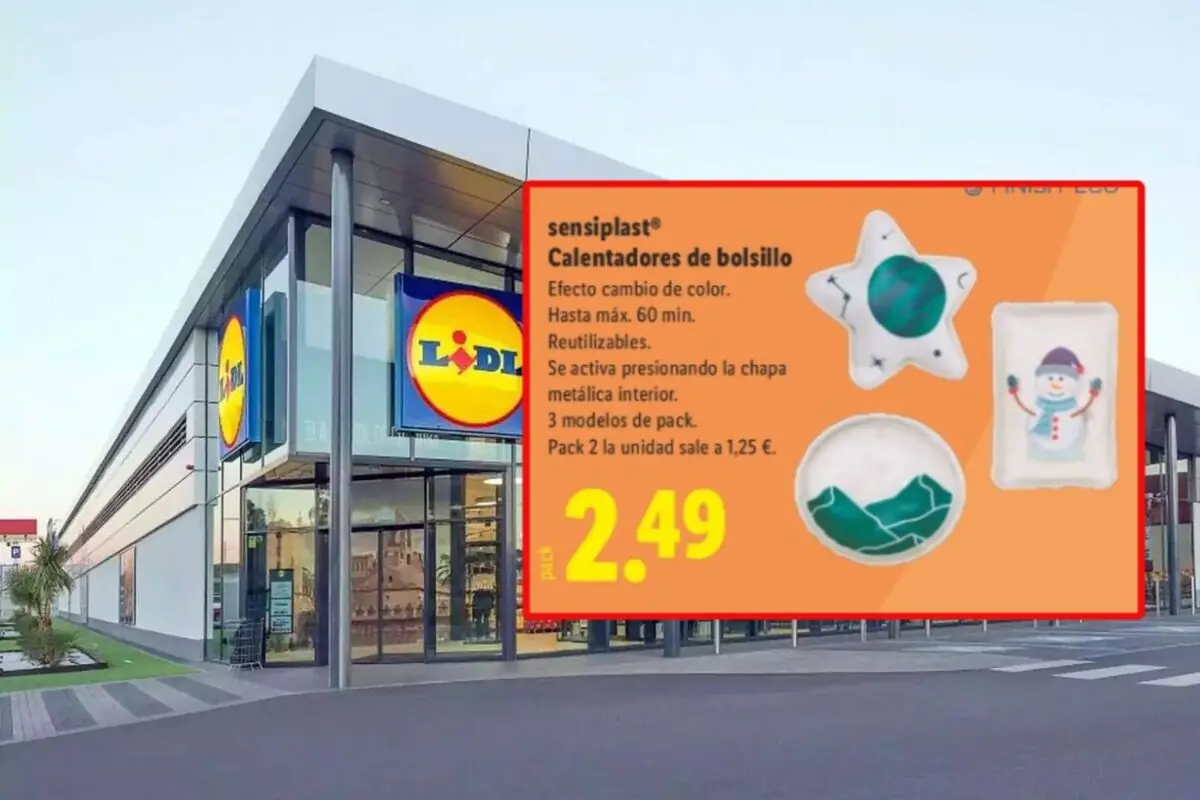 Fachada de una tienda Lidl con un cartel promocional de calentadores de bolsillo reutilizables en diferentes formas y precio de 2,49 euros. Fachada de una tienda Lidl con un cartel promocional de calentadores de bolsillo reutilizables en diferentes formas y precio de 2,49 euros.