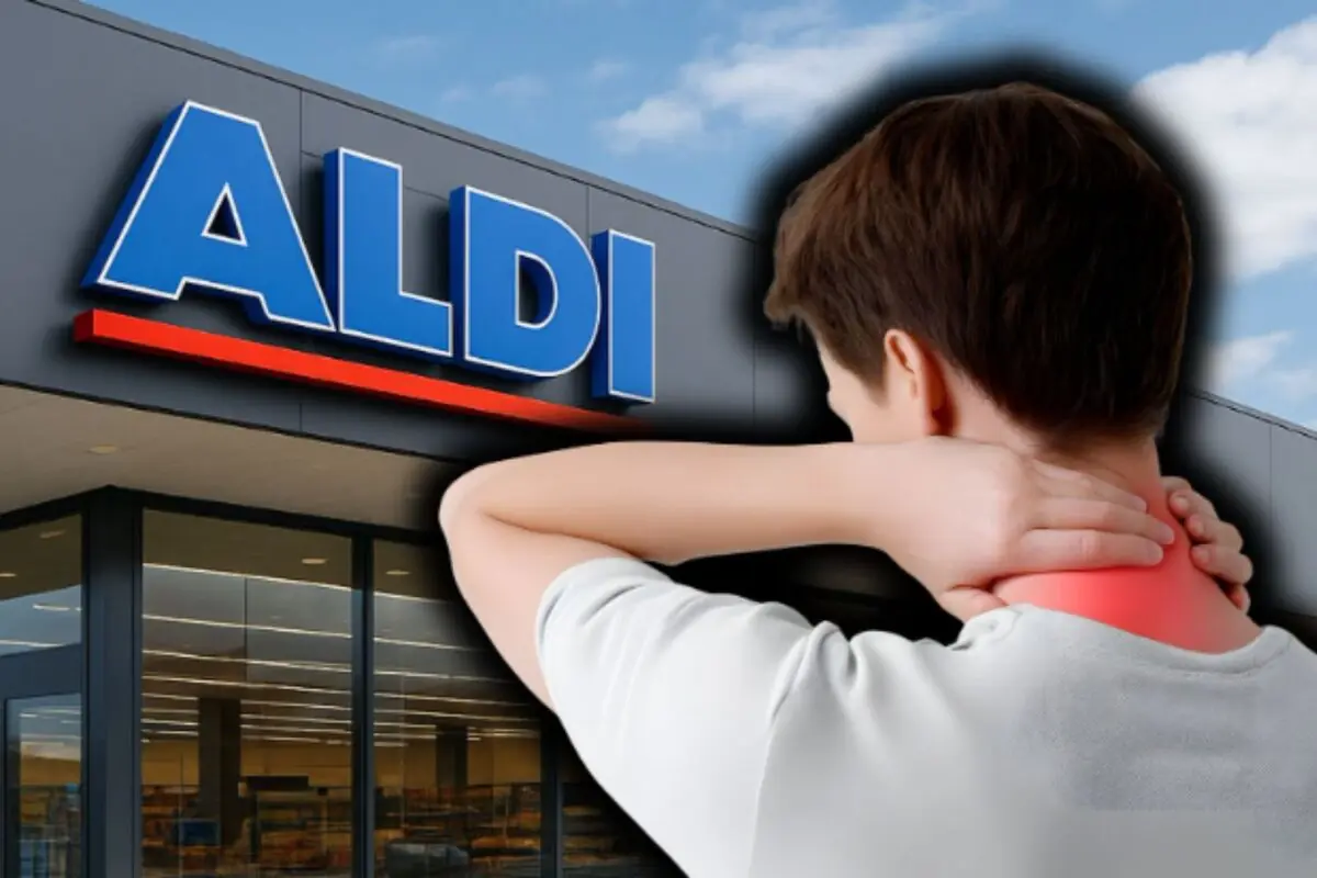 Persona con dolor de cuello frente a la fachada de un supermercado Aldi.