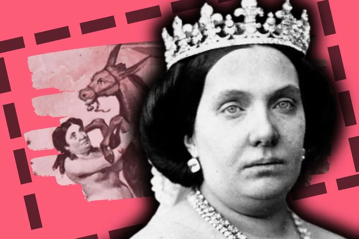 Retrat en blanc i negre d’Isabel II amb corona i collaret de perles sobre un fons rosa amb un dibuix antic d’una figura nua abraçant un animal semblant a un ruc.