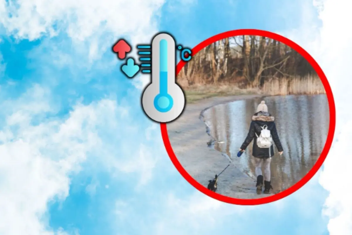Persona abrigada paseando a un perro junto a un lago en un día frío con un icono de termómetro sobre un fondo de cielo azul con nubes.