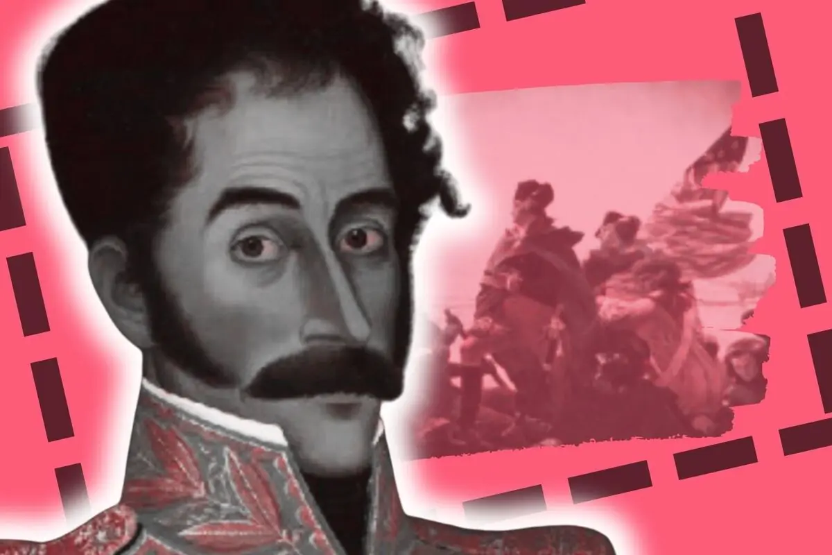 Retrat de Simón Bolívar amb uniforme militar antic sobre un fons rosa amb una escena de batalla difuminada i detalls de línies negres.