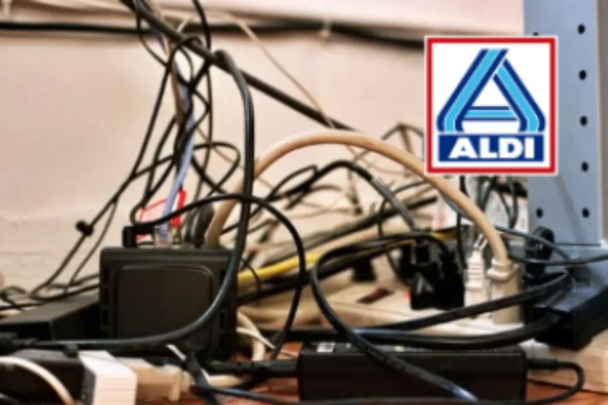 Cables enredados y desordenados junto a un logotipo de ALDI en la esquina superior derecha.