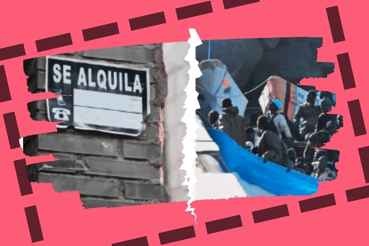 Cartell de es lloga sobre una paret de maó al costat d’una escena de moltes persones migrants en una barca separada per un efecte d’esquinçat sobre fons rosa.