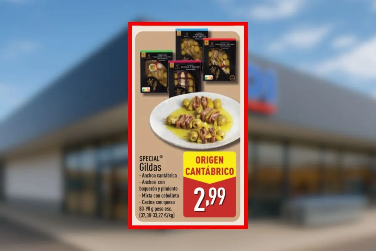 Promoción de gildas de origen cantábrico en un supermercado Aldi con diferentes variedades y precio de 2,99 euros. Promoción de gildas de origen cantábrico en un supermercado Aldi con diferentes variedades y precio de 2,99 euros.