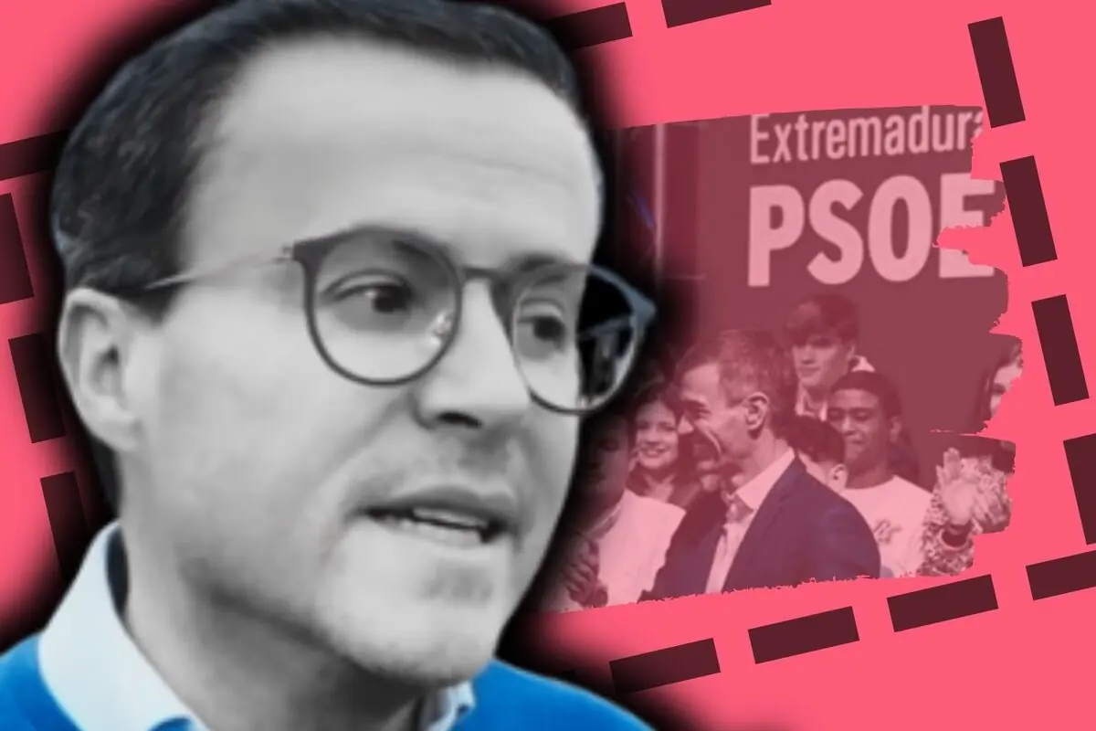 Muntatge de fotos amb un primer pla de Miguel Ángel Gallardo i al fons un míting del PSOE a Extremadura sobre fons rosa.