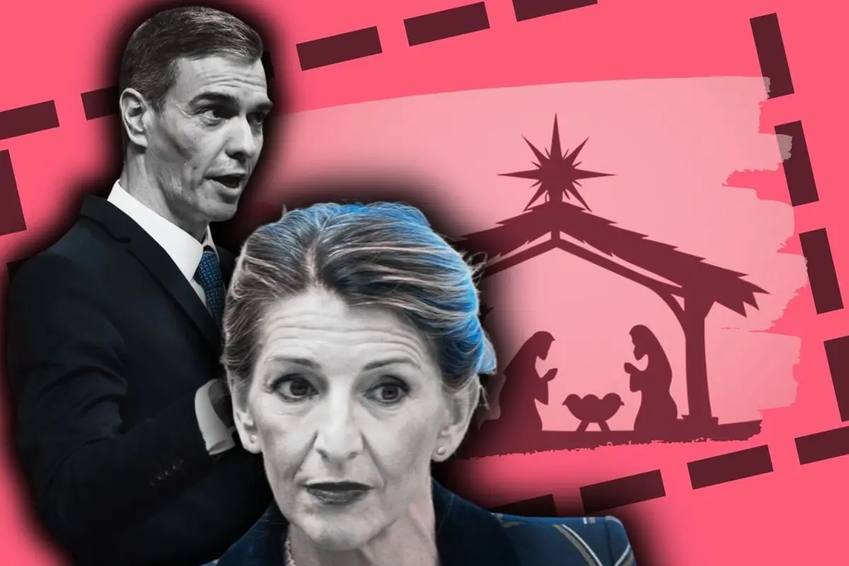 Muntatge de fotos de Pedro Sánchez i Yolanda Díaz sobre un fons rosa que mostra la silueta d’un pessebre de Nadal.