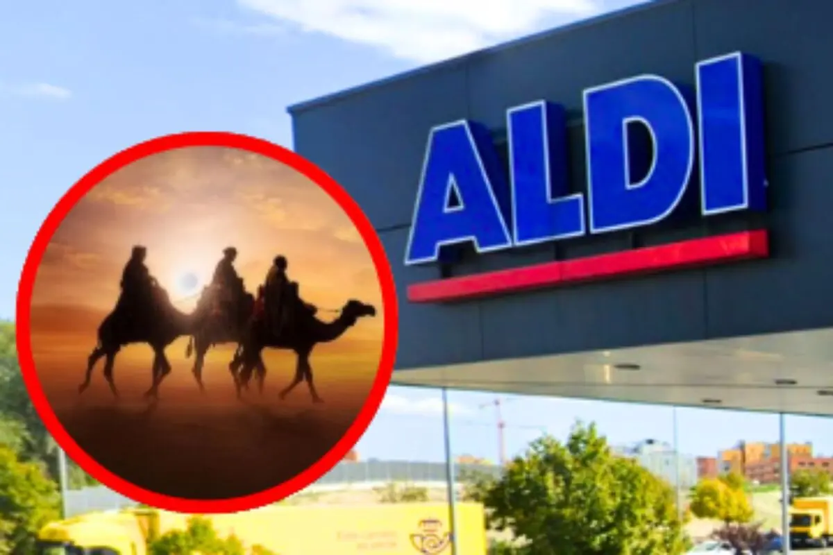 Montaje con la fachada de un supermercado Aldi y un círculo rojo que contiene la silueta de los tres Reyes Magos montadas en camellos al atardecer.