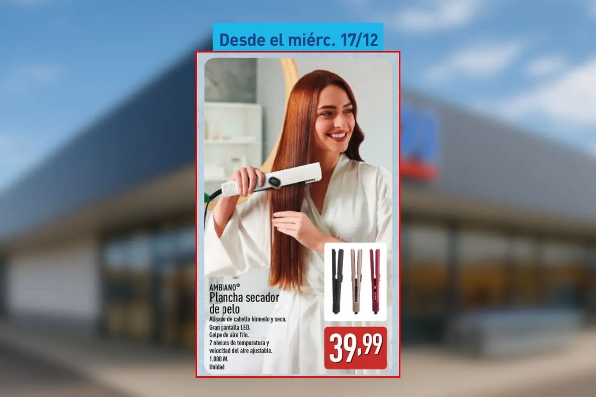 Mujer sonriente usando una plancha secadora de pelo Ambiano en un anuncio de oferta que muestra el precio de 39,99 y la disponibilidad a partir del miércoles, 17 de diciembre, en Aldi.