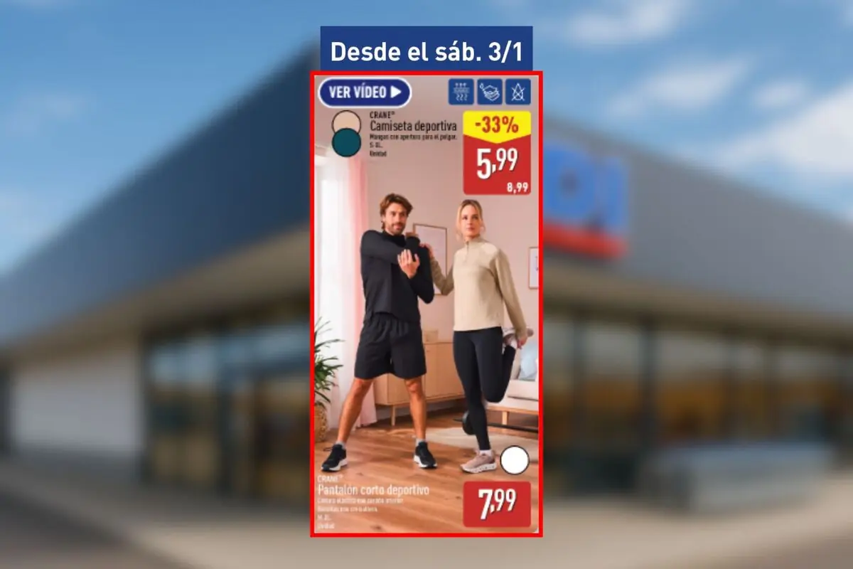 Folleto de Aldi con dos personas haciendo estiramientos en casa y oferta de ropa deportiva con camiseta y pantalón corto rebajados desde el sábado, 3 de enero. Folleto de Aldi con dos personas haciendo estiramientos en casa y oferta de ropa deportiva con camiseta y pantalón corto rebajados desde el sábado, 3 de enero.