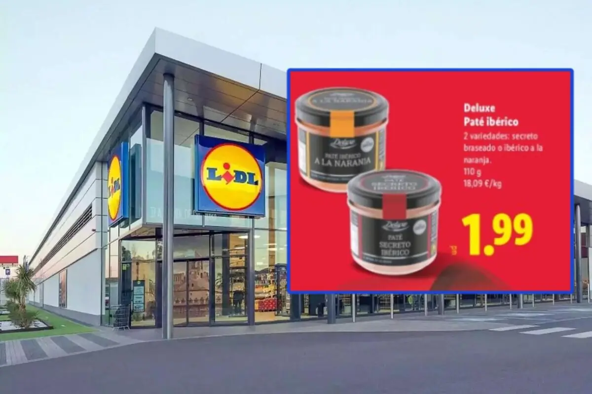 Fachada de un supermercado Lidl con una promoción de paté ibérico en dos variedades a 1,99 euros destacada en un recuadro rojo Fachada de un supermercado Lidl con una promoción de paté ibérico en dos variedades a 1,99 euros destacada en un recuadro rojo