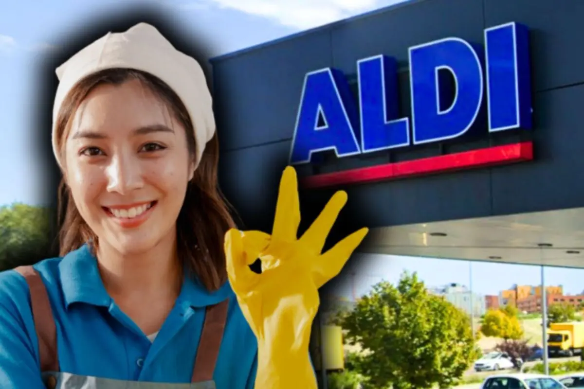 Mujer sonriente con guante de limpieza amarillo haciendo señal de ok frente a una tienda Aldi.