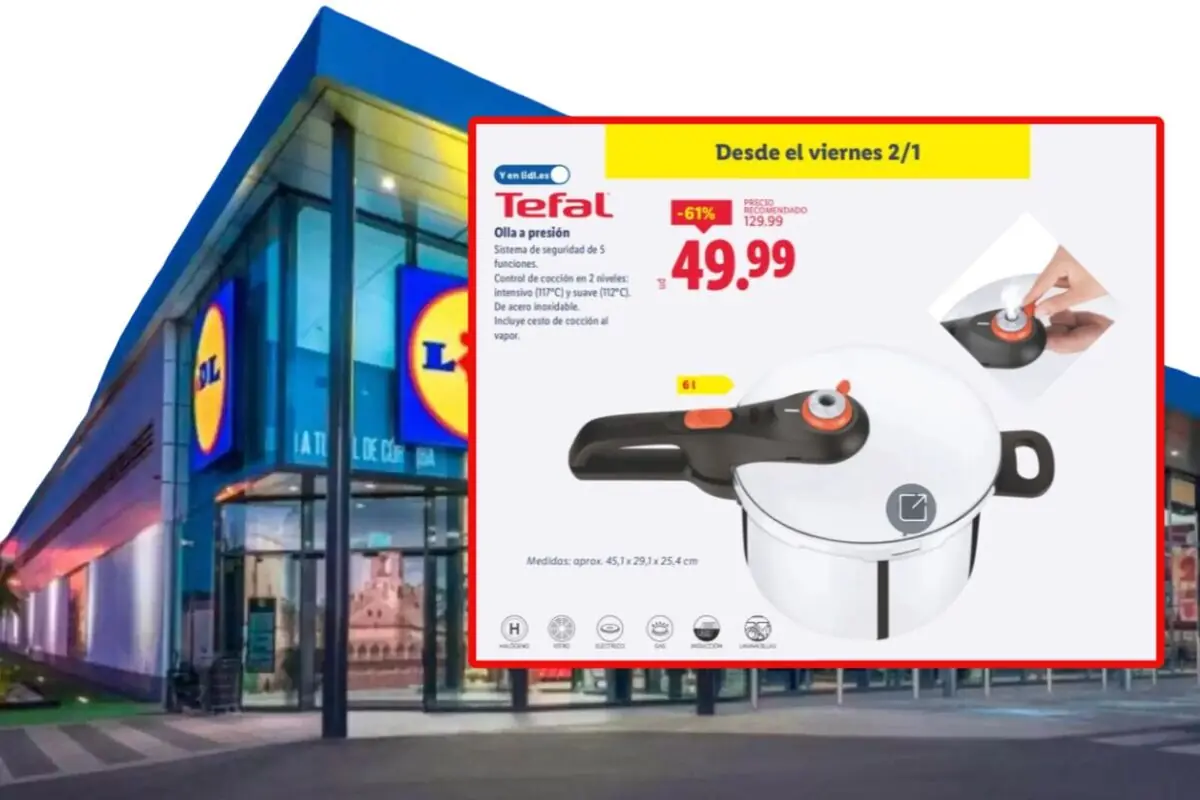 Tefal 6-liter pressure cooker on sale for €49.99 in a Lidl promotional flyer in front of a store façade