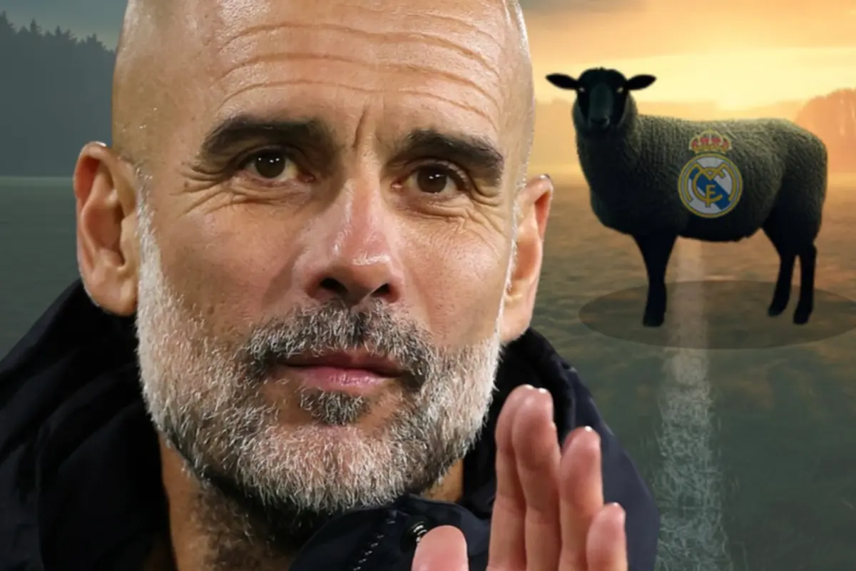 Primer plano de un hombre calvo con barba y al fondo una oveja negra con el escudo del Real Madrid en un paisaje al atardecer