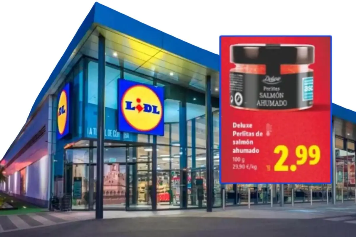 Lidl supermarket facade with a promotional sign for Deluxe smoked salmon pearls on sale for 2.99 euros